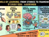 A visual representation of the four levels of learning: Representation, Schema, Mental Model, and Explanatory Framework.