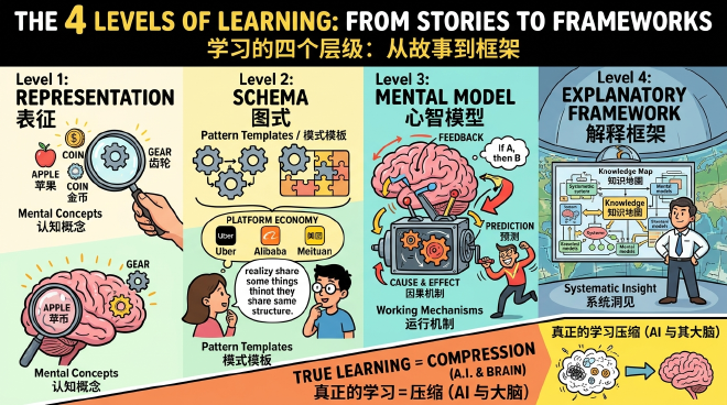 A visual representation of the four levels of learning: Representation, Schema, Mental Model, and Explanatory Framework.