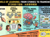 A visual representation of the four levels of learning: Representation, Schema, Mental Model, and Explanatory Framework.
