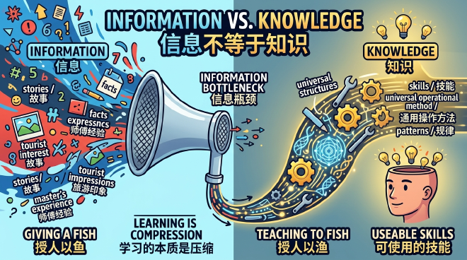 A conceptual illustration of the Information Bottleneck Theory, showing data being compressed into patterns.