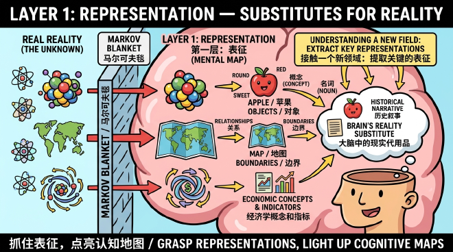 A visualization of cognitive representation, depicting how the mind uses symbols to represent physical objects like an apple.