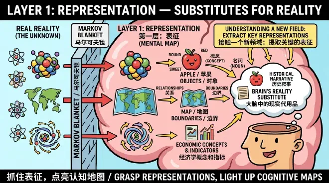 A visualization of cognitive representation, depicting how the mind uses symbols to represent physical objects like an apple.