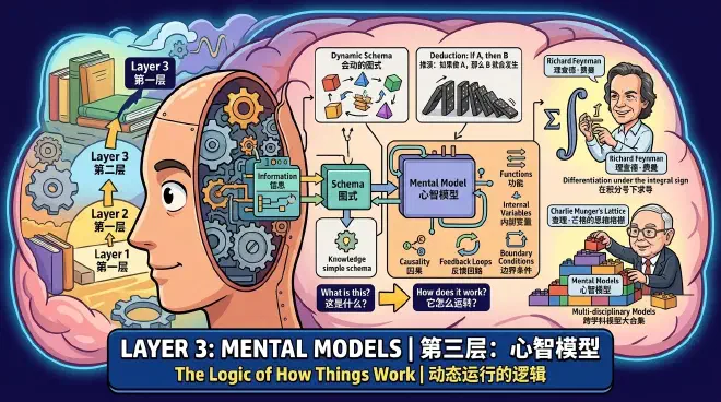 A diagram of a mental model showing dynamic logic, feedback loops, and causality in a working system.