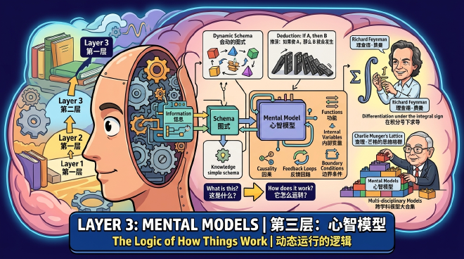 A diagram of a mental model showing dynamic logic, feedback loops, and causality in a working system.