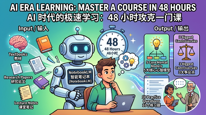 A scene of a student using AI tools to extract core knowledge structures and master a complex subject rapidly.