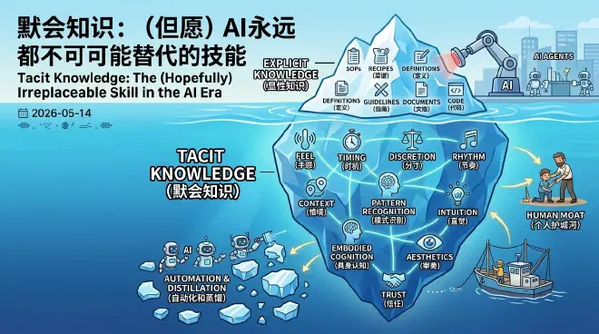 一幅象征知识冰山的插图，水面上的冰山一角代表显性知识，水面下庞大的主体代表默会知识。