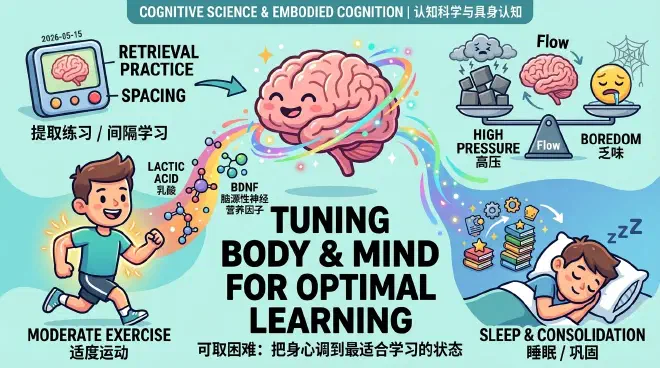 一张概念插图，展示了处于流畅状态的大脑，与身体运动和休息相平衡，代表了最佳学习状态。
