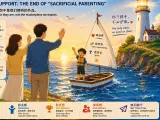 A child sailing their own small boat toward the horizon with a bright lighthouse on the shore, symbolizing autonomy-supportive parenting guiding self-growth.