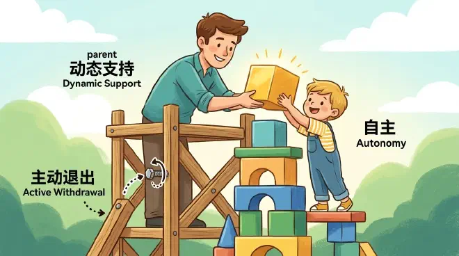 脚手架理论的卡通插图：父母提供暂时的支持和结构，同时孩子建立自己的技能，随着孩子变得有能力，父母准备退出。