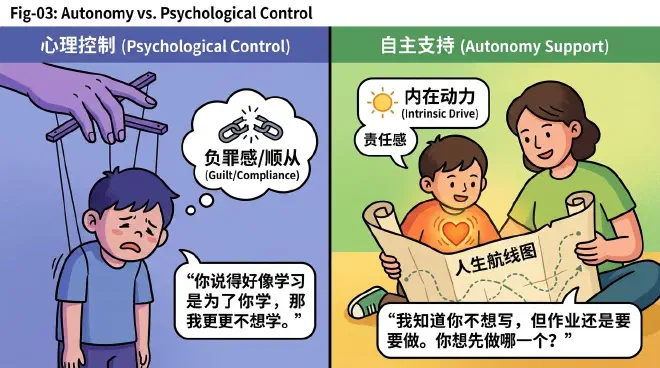 心理控制（通过内疚和木偶线进行操纵）与自主支持（合作并培养内在动力）的卡通对比图。