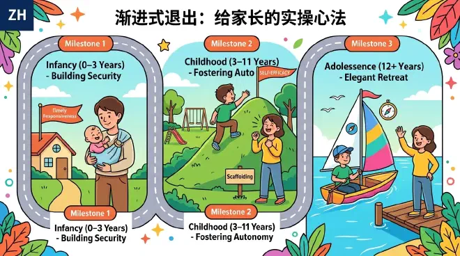 反映育儿阶段的卡通路线图：婴儿期建立安全感，儿童期充当脚手架，青春期执行优雅撤退。