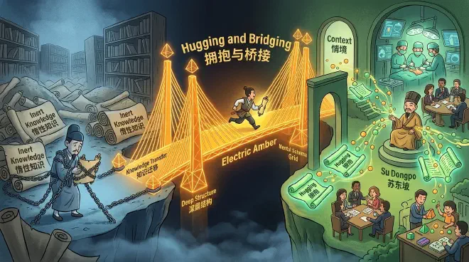 一幅风格化的概念插图，通过一座连接古老卷轴与现代真实场景的桥梁，视觉化地展现了“拥抱”（将知识植根于情境）与“桥接”（连接遥远思想）的隐喻。