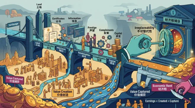 一个象征着战略卡位或收费桥梁的概念视觉图,代表经济租和财富捕获。