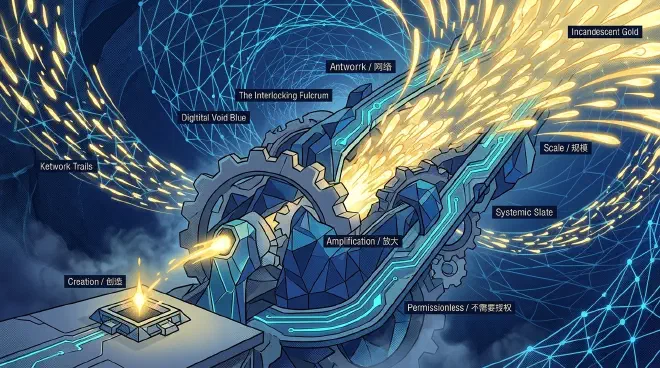 An abstract illustration showing a small input (a spark or gear) being amplified through a series of interlocking geometric structures (levers and gears) into a vast, glowing network, representing the power of business leverage.