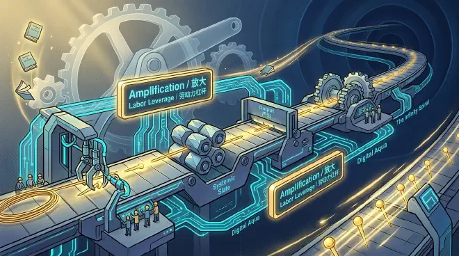A stylized production line showing the division of labor in a pin factory, where individual steps are optimized and amplified into a high-speed output.
