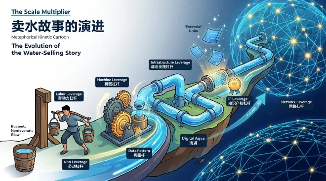 A visual progression showing the evolution of business leverage through the story of selling water, from manual labor to global network platforms.