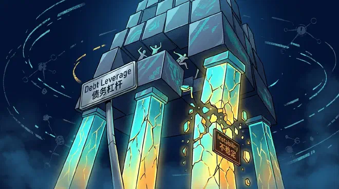 A precarious structure representing the fragility of debt leverage, where assets are built on unstable foundations.