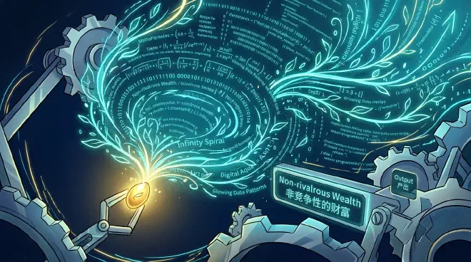 An infinite digital landscape representing non-rivalrous wealth, where ideas and code can be replicated without depletion.