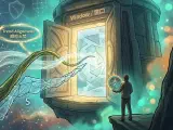 A stylized visual showing a glowing, half-open massive gateway (Window of Opportunity), with three interlocking oscillating curves representing Demand (D), Narrative (N), and Supply (S) on either side.