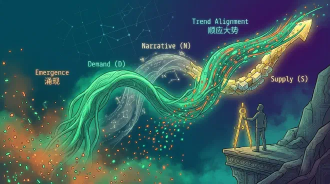 一个市场趋势形成的视觉呈现，展示了随着信息逐渐被吸收，粒子从混乱的噪音中对齐成一个明确的方向。
