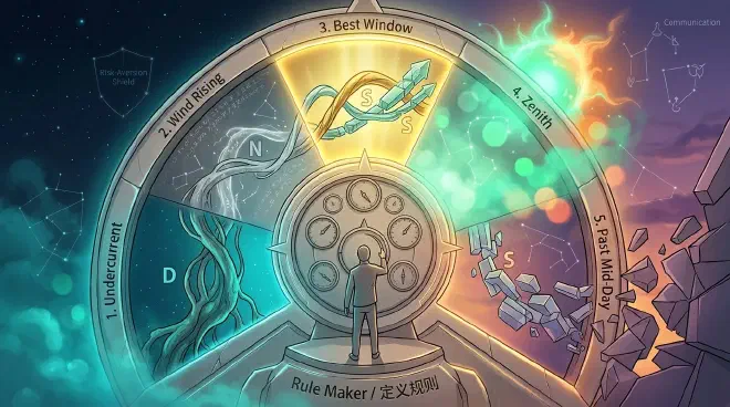 D/N/S 三曲线趋势时钟图，显示了一个机会基于需求、叙事和供给曲线的五个阶段。
