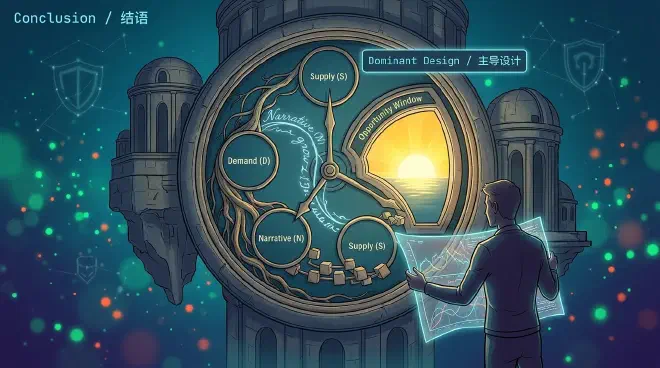 结尾视觉，展示了一个人熟练地导航趋势时钟，迈向明亮的未来。
