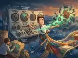 A conceptual illustration of a person in a mist of uncertainty assembling scattered components in their hands (representing Bird-in-Hand), collaborating with partners to stitch a patchwork quilt towards a glowing horizon (Crazy Quilt and Lemonade), guided by control dials (Pilot-in-the-Plane).