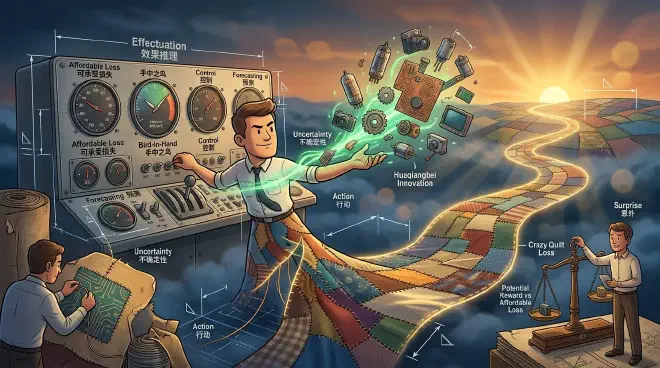 A conceptual illustration of a person in a mist of uncertainty assembling scattered components in their hands (representing Bird-in-Hand), collaborating with partners to stitch a patchwork quilt towards a glowing horizon (Crazy Quilt and Lemonade), guided by control dials (Pilot-in-the-Plane).