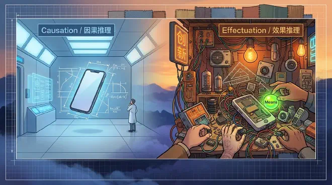 A horizontal dual-panel illustration comparing a minimalist R&D cleanroom with a sleek holographic design of a smartphone in cool blue light, and a vibrant, warm, chaotic electronics market stall in Huaqiangbei filled with sensors, wires, and creative prototypes.