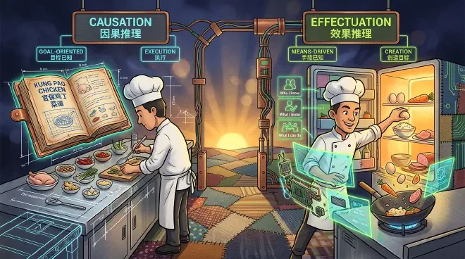 A conceptual illustration showing two kitchen setups side-by-side. On the left, a chef prepares food by strictly following an open recipe book with pre-measured ingredients (Causation). On the right, a chef opens a glowing refrigerator filled with random leftovers, dynamically deciding to toss them into a wok for a delicious spontaneous meal (Effectuation).