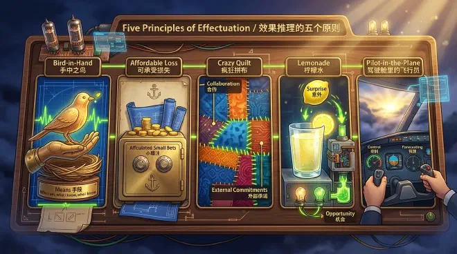 A high-tech, aesthetically beautiful wooden dashboard containing five distinct tactile controls or interactive panels: a brass hand holding a glowing carved bird, a small vintage safe showing a fixed budget, a colorful patchwork quilt stitched with gold thread, a fresh glass of lemonade, and an active pilot dashboard in a cockpit under a golden sunrise.