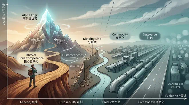 An abstract, metaphorical map illustrating strategic decision-making. The map features a winding, unique path leading to a distinct peak on the left, symbolizing core, unique competencies requiring dedicated focus. To the right, a wide, standardized highway represents commodity tasks that are best outsourced or automated, emphasizing the concept of evolution from unique to commodity.