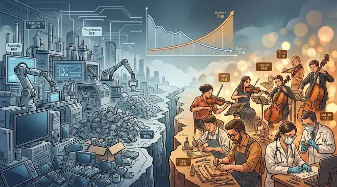 A conceptual illustration showing a split screen: one side displays a highly automated factory producing mass quantities of cheap electronics, and the other side shows a warm, humanistic studio where artists and craftsmen work by hand, illustrating the division of modern economy into progressive and stagnant sectors.