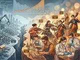 A conceptual illustration showing a split screen: one side displays a highly automated factory producing mass quantities of cheap electronics, and the other side shows a warm, humanistic studio where artists and craftsmen work by hand, illustrating the division of modern economy into progressive and stagnant sectors.