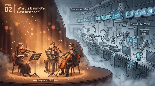 Four classical musicians playing a quartet under warm lights, contrasted with a futuristic robotic production line in the background.