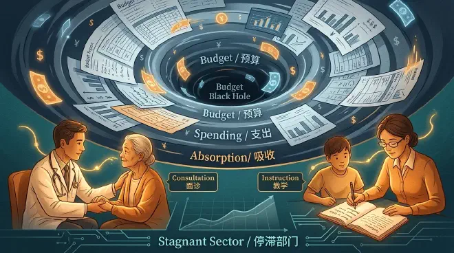 A compassionate doctor and a dedicated teacher standing against a backdrop of a swirling abstract vortex of financial ledgers, representing budget allocation.