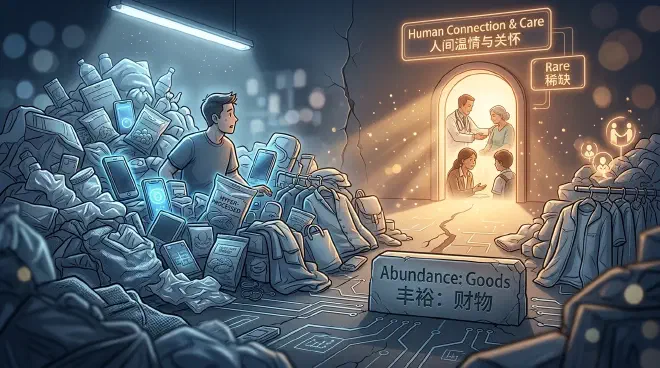 A person surrounded by cheap electronics looking toward a warm, rare, glowing gateway representing human care and personal attention.