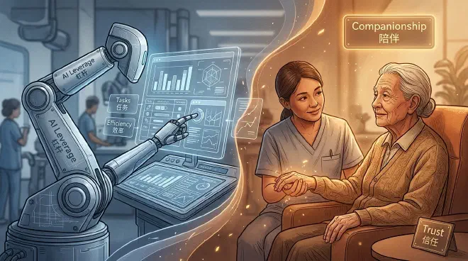 An AI robot arm operating a dashboard while a human caregiver holds the hand of an elderly patient, representing the hybrid future of service.
