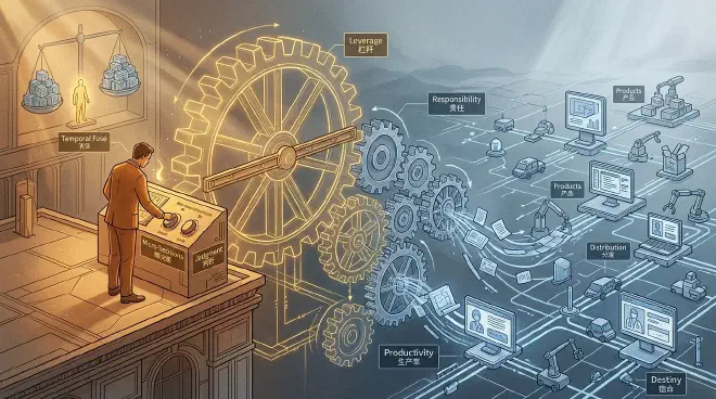 A professional turning a gear of virtual leverage and judgment, scaling their skills across a vast digital network.