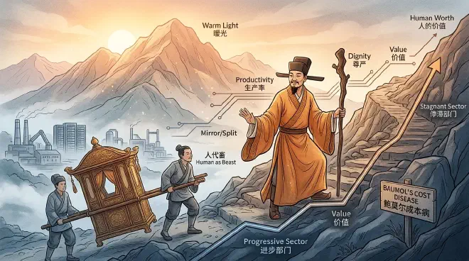 An ancient Chinese scholar walking up a mountain with a staff, refusing a sedan chair, under a warm rising sun.