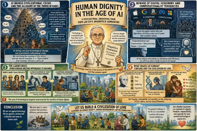 A symbolic image depicting a human figure standing firm and illuminated, with a faint halo, amidst a backdrop of intricate, towering digital circuits and data streams that vaguely resemble a modern, unfinished Tower of Babel. The contrast highlights human dignity against the overwhelming scale of artificial intelligence and digital power, with a sense of both warning and hope.