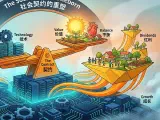 A highly artistic and philosophically deep illustration depicting the reshaping of the social contract in the AI era. The foundation is a highly automated layer of cold blue microchips, gears, and servers (symbolizing computational productivity). Rising from this base are warm golden light bands that support a giant, multidimensional balance scale merging gears and a heart shape. The scale balances a glowing sun and green seedlings, showing technological wealth fair distribution nourishing human empathy, care work, and nature, blending cold technology with humanistic warmth.