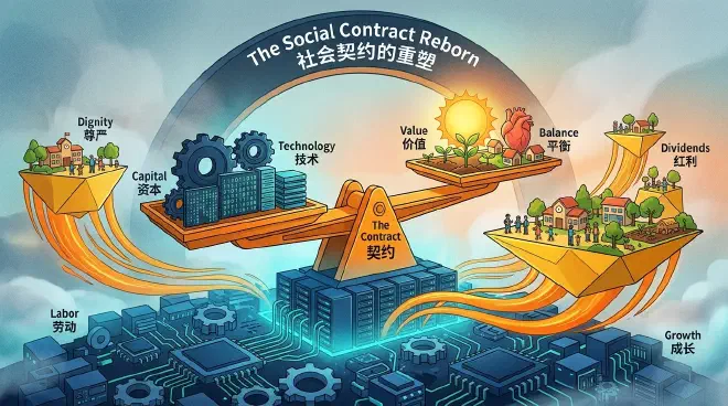 A highly artistic and philosophically deep illustration depicting the reshaping of the social contract in the AI era. The foundation is a highly automated layer of cold blue microchips, gears, and servers (symbolizing computational productivity). Rising from this base are warm golden light bands that support a giant, multidimensional balance scale merging gears and a heart shape. The scale balances a glowing sun and green seedlings, showing technological wealth fair distribution nourishing human empathy, care work, and nature, blending cold technology with humanistic warmth.
