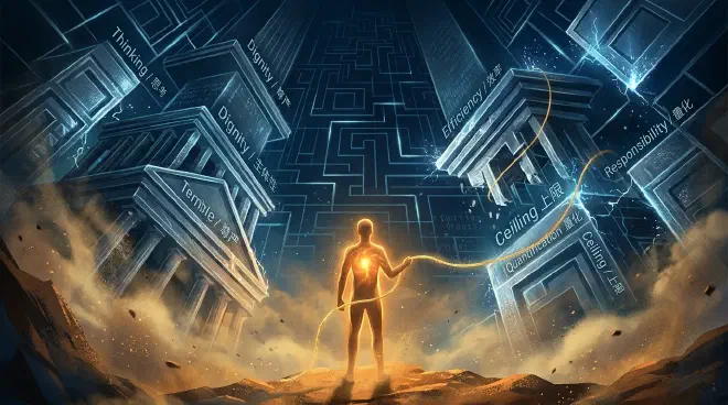 A sci-fi and philosophically resonant illustration representing the endurance of human thought in the AI era. In the background, a massive screen of glowing golden neural networks and data streams spans the deep cosmos. In the foreground stands a simple, warm, and resilient glowing statue of a human thinker, symbolizing independent human agency and dignity remaining steadfast amidst intelligent machines.