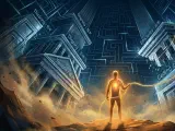 A sci-fi and philosophically resonant illustration representing the endurance of human thought in the AI era. In the background, a massive screen of glowing golden neural networks and data streams spans the deep cosmos. In the foreground stands a simple, warm, and resilient glowing statue of a human thinker, symbolizing independent human agency and dignity remaining steadfast amidst intelligent machines.