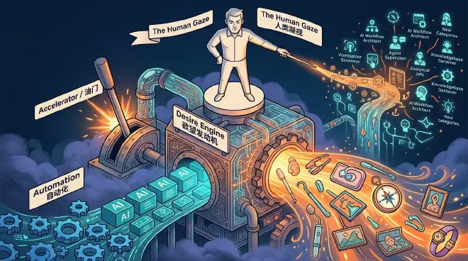 Conceptual digital illustration depicting Jevons Paradox in the AI era, where automation acts as an accelerator for new job creation rather than a job killer.