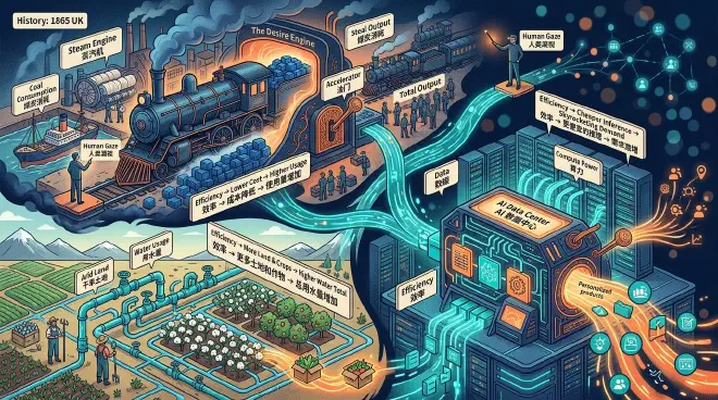 A conceptual illustration showing the history of Jevons Paradox, contrasting 1865 coal steam engines, drip irrigation fields, and high-tech AI data centers.