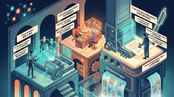 A conceptual illustration showing three categories of future jobs in the AI era: direct AI orchestration, life enhancement, and trust & responsibility.