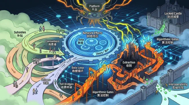 An editorial illustration of a vast digital marketplace made of glowing nodes, roads, and streams of data, with a platform control console suspended above it. Merchants, consumers, drivers, and creators enter the network from different directions while warm public-infrastructure light contrasts with cold algorithmic gates.