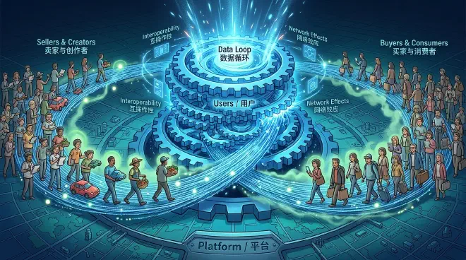 A two-sided digital marketplace with buyers, sellers, drivers, and creators linked by a luminous data flywheel.